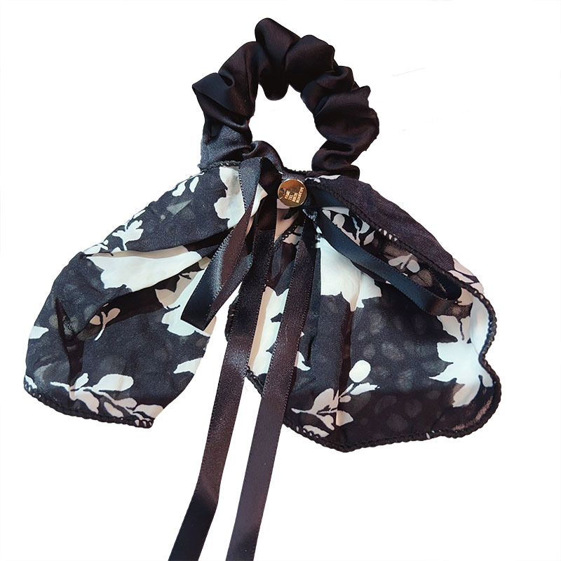 Retro printed bow hair accessory, ink-wash skirt hem, hair band, leather band, hair tie, French elegant hair tie ribbon Item Picture