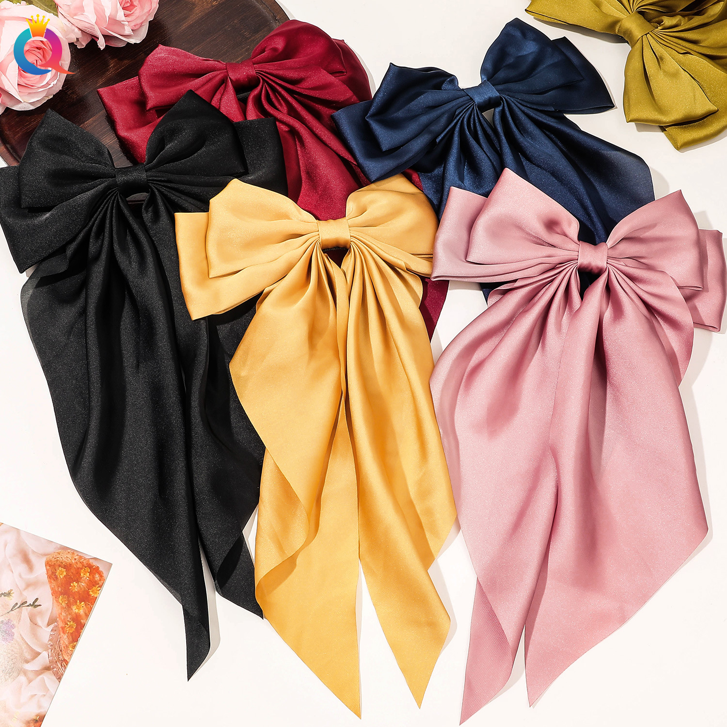 Wholesale of high-quality bow hair clips, long ribbons, large vintage spring clips and elegant hair accessories from Qiyue Amazon full figure