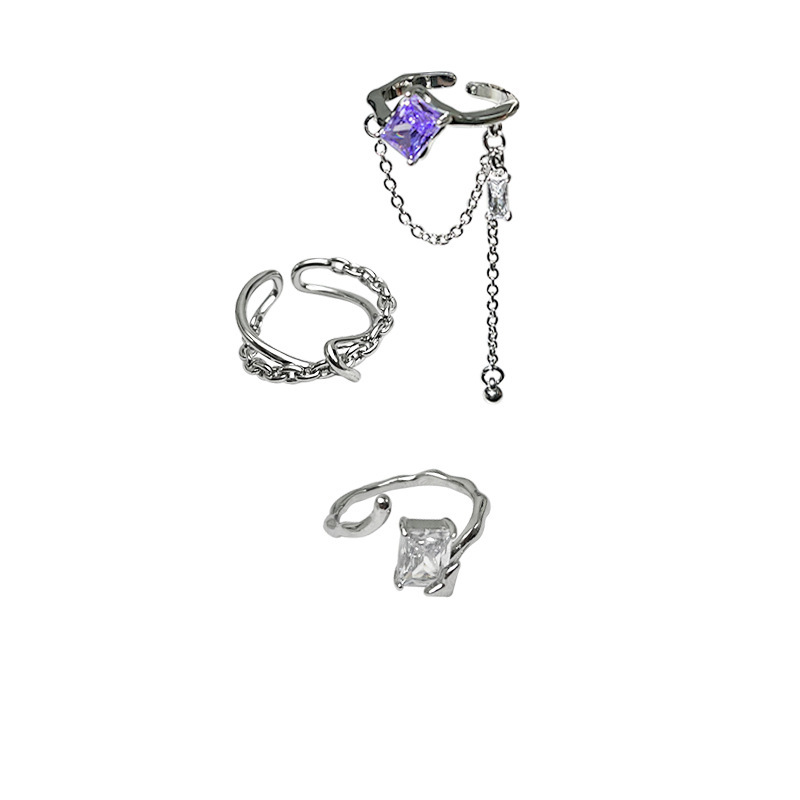 Korean light luxury high-end purple diamond chain tassel ring women's Instagram niche design sweet and cool open ring set Item Picture