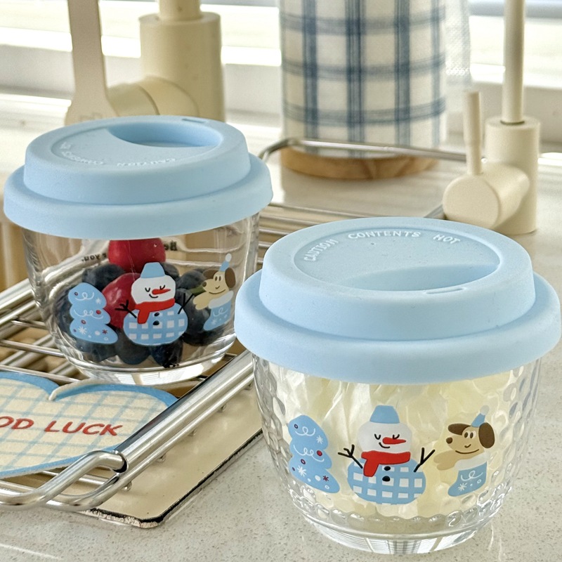 Korean inS-style blue snowman covered glass cup, coffee cup, cold brew cup, girlish water cup, cute cup Specification drawing
