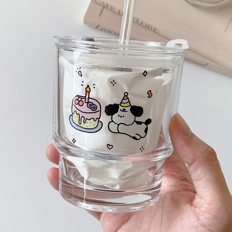 Wholesale of Boli American, Japanese and Korean ins glass straw cupcakes, dog water cups, student drinking cups and glass cups Specification drawing