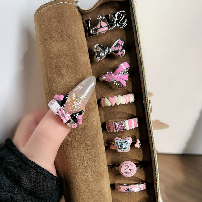 Sweet and delicate Chanel style, high-end summer pink drip glaze bow ring, cute Kulomi heart index finger ring for girls full figure