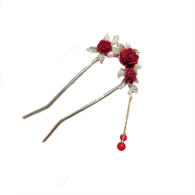 New Chinese-style hairpin with red rose flocking, a high-end female look, a new ancient-style tassel hairpin, a new updo hairpin headwear Item Picture