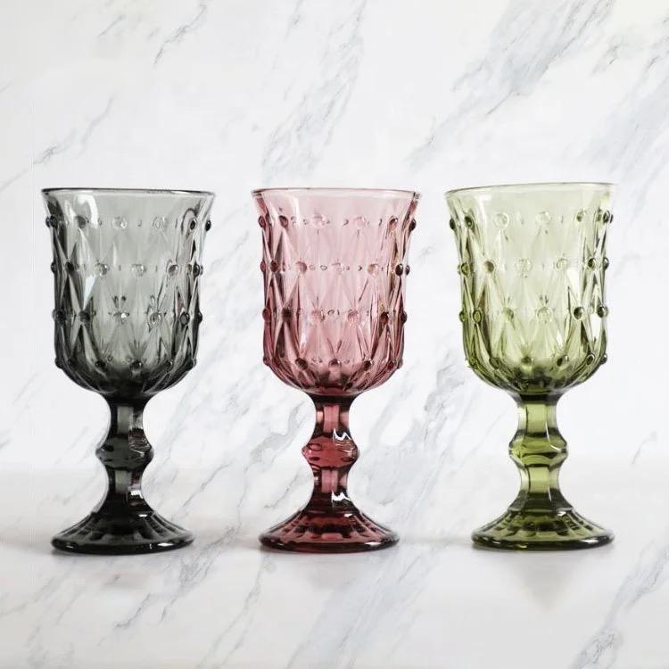 Colored red wine glass cups, retro European embossed water cups, tall glasses, wine and milk cups, thickened wine sets details Picture