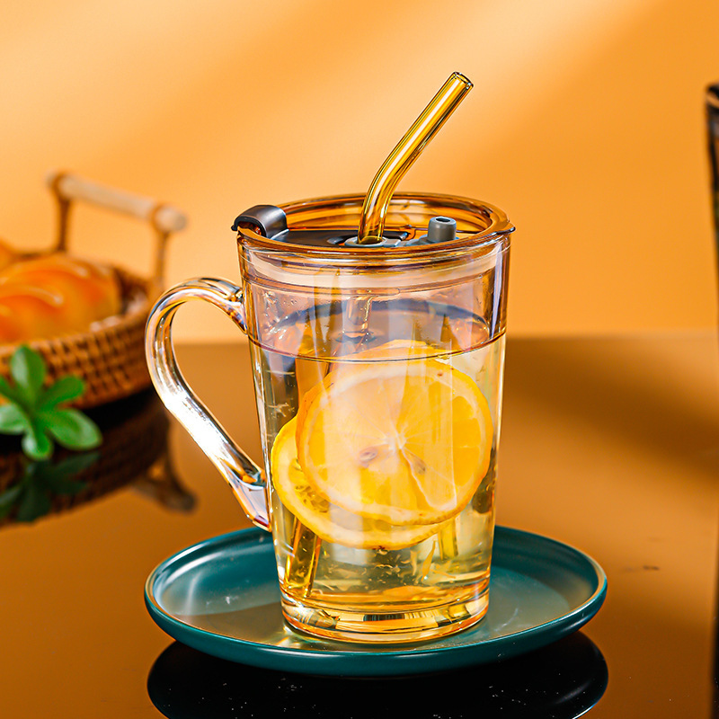 450ml glass cup with handle, high appearance level, office home drinking cup, ins style straw cup, coffee cup Application Scenario