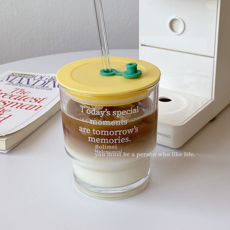 Designer Korean InS-style glass straw cup, cold brew coffee cup, milk tea cold drink water cup full figure