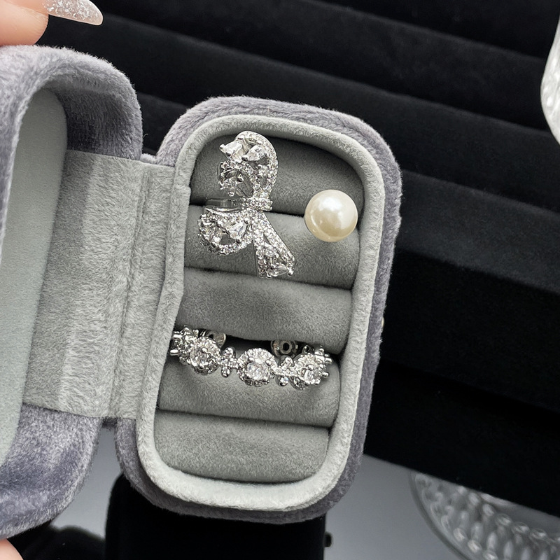 European and American ins niche light luxury diamond-encrusted bow pearl open ring, fashionable, versatile and high-end food ring for women Specification drawing