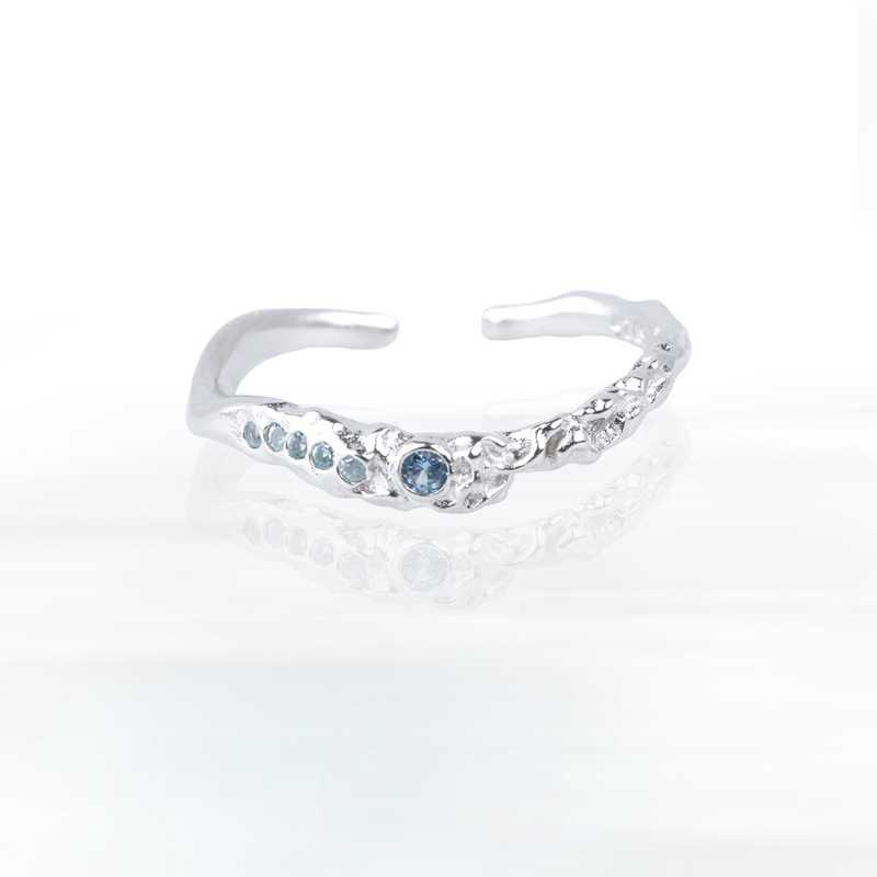 Simple design, irregular pleated blue zircon open ring, women's niche texture, high-end and cold trend ring full figure