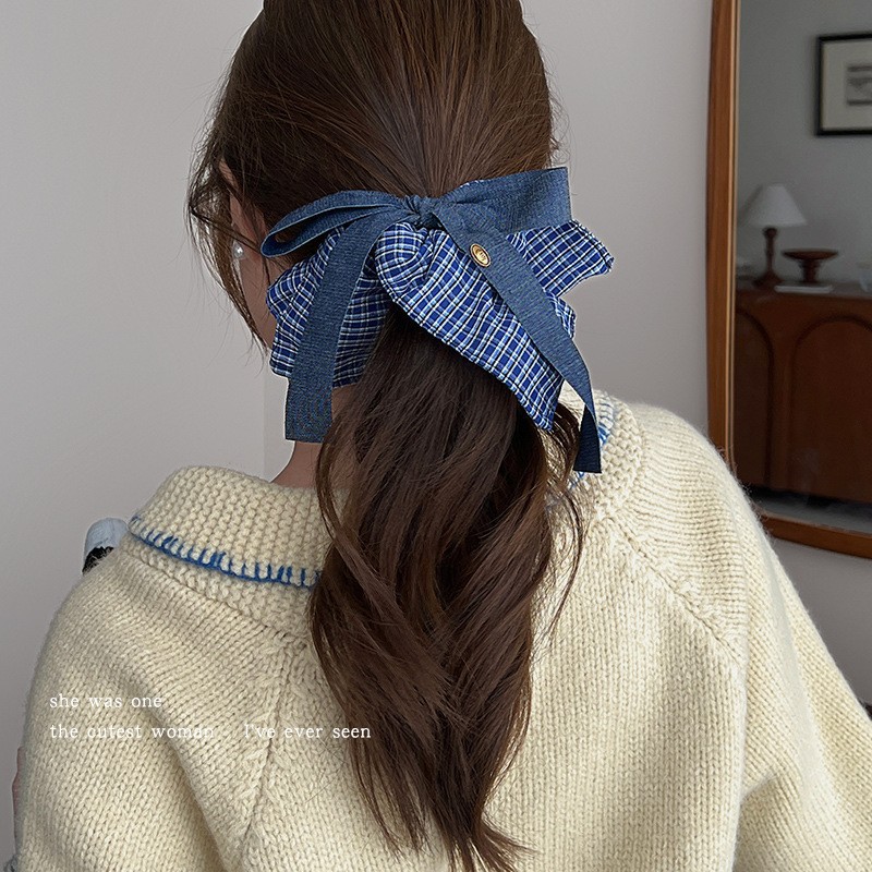Korean-style blue checkered square scarf, large intestine hair band, Korean-style bow, elegant square hair tie, low ponytail bun hair accessory Application Scenario