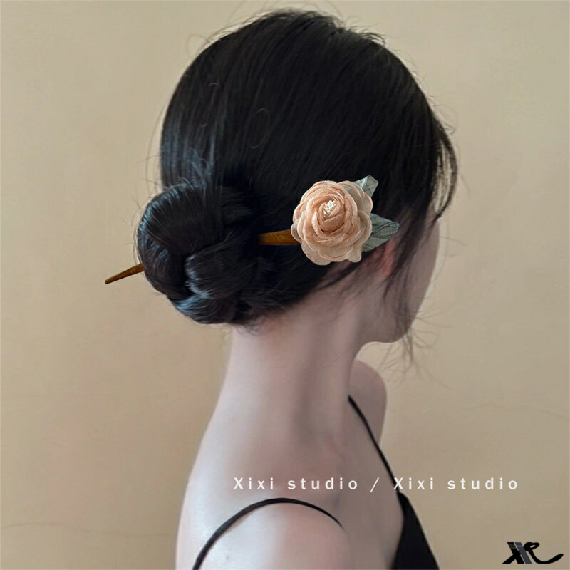 Purple rose wood hairpin, summer hairpin, mesh flower hairpin, ancient-style hairpin, flower headwear, elegant hair accessory for women Specification drawing
