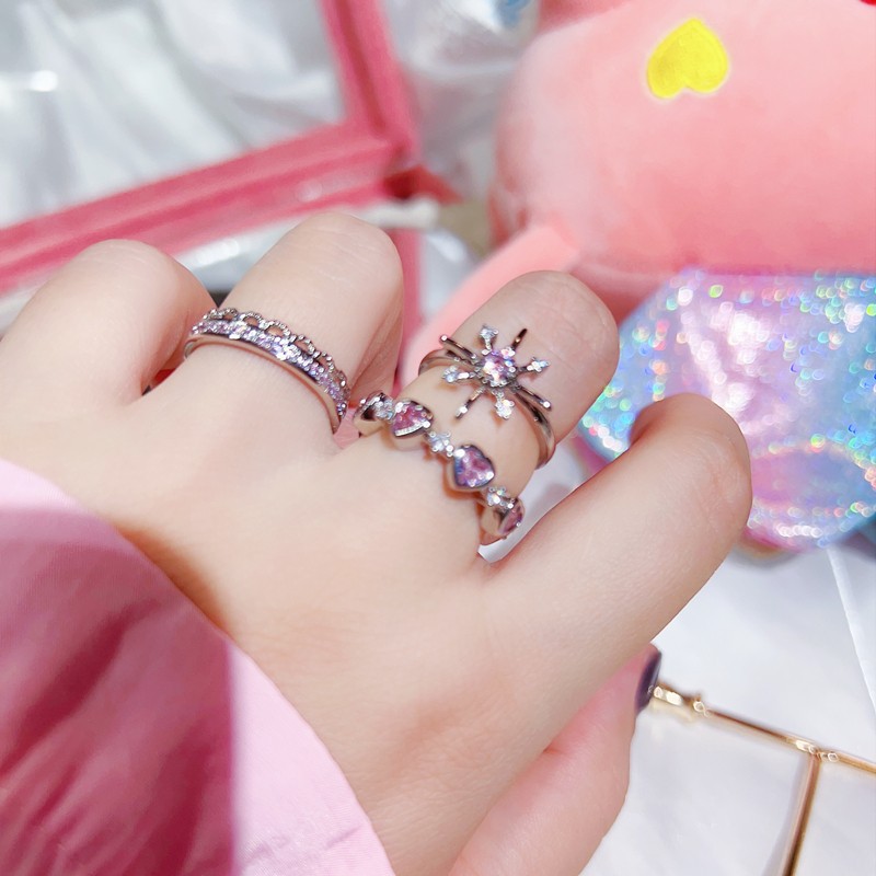 Pink diamond zircon star heart-shaped girl open ring, sweet, light luxury and high-end, layered exquisite and unique ring details Picture