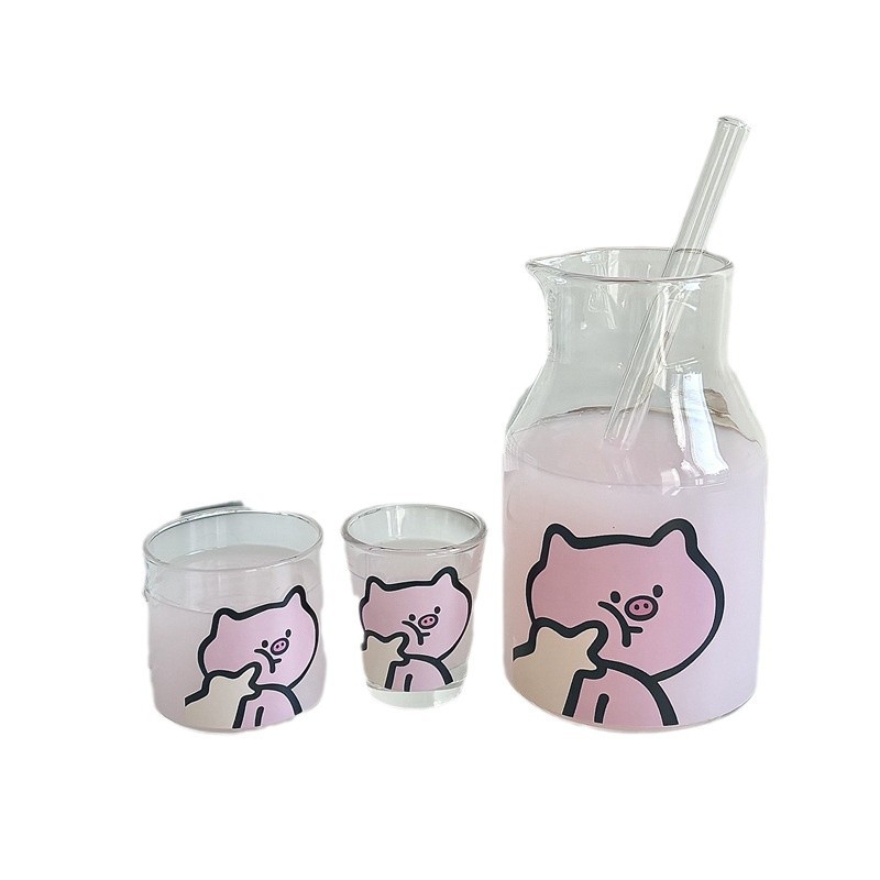 High-quality appearance level glass cup household female single drinking glass water set, five-flower pig mini water set, cold drink water set Item Picture