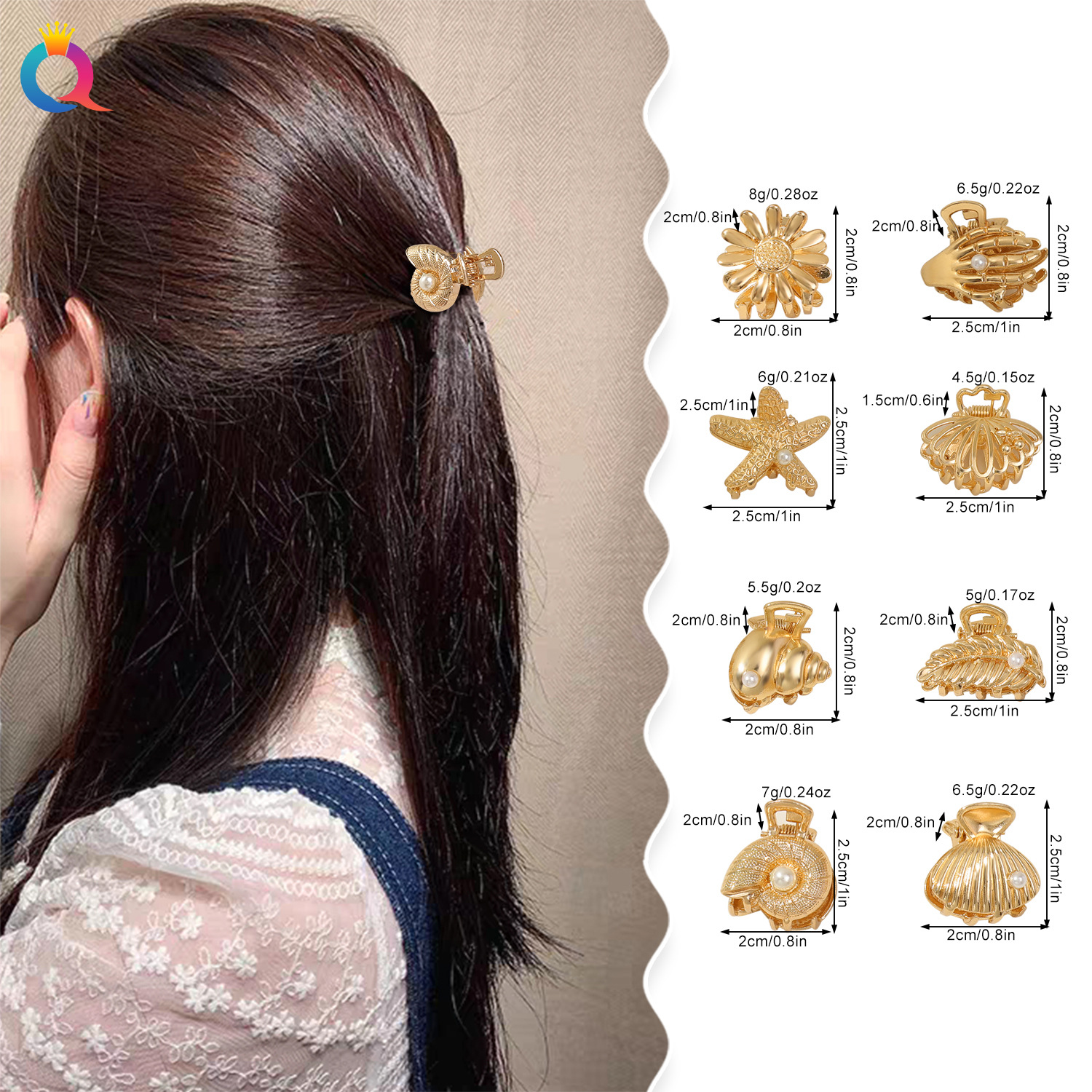 Qiyue Cross-border Metal Small Pearl conch Hair Clip, Women's Light Luxury Hair Tie Small Grab clip, shark clip Hair accessory wholesale details Picture