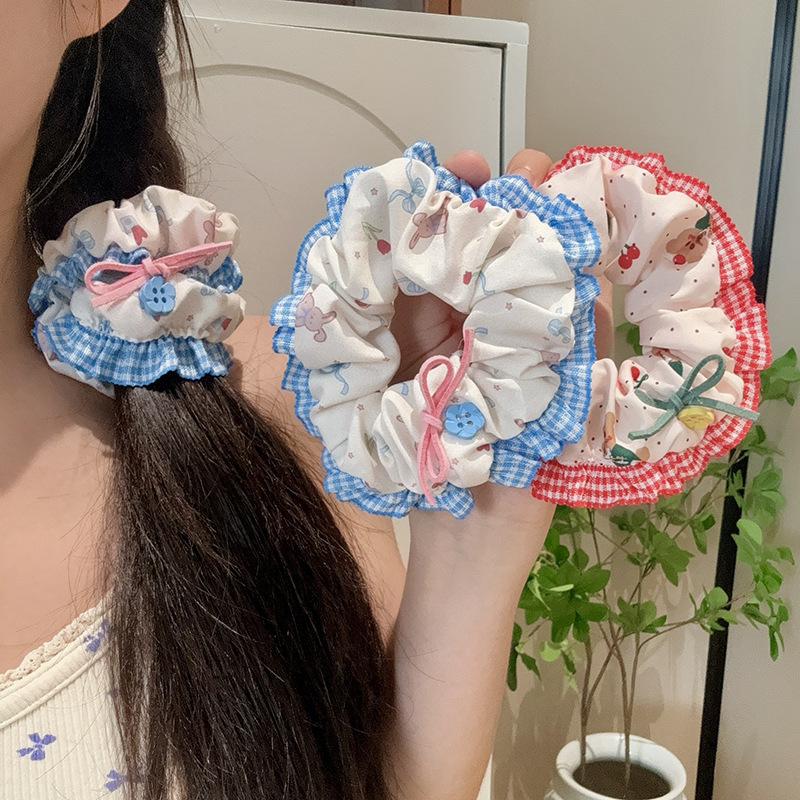 Korean girl's Instagram lace button, bow, large intestine circle, country-style bun, hair circle, low ponytail and hair tie Specification drawing
