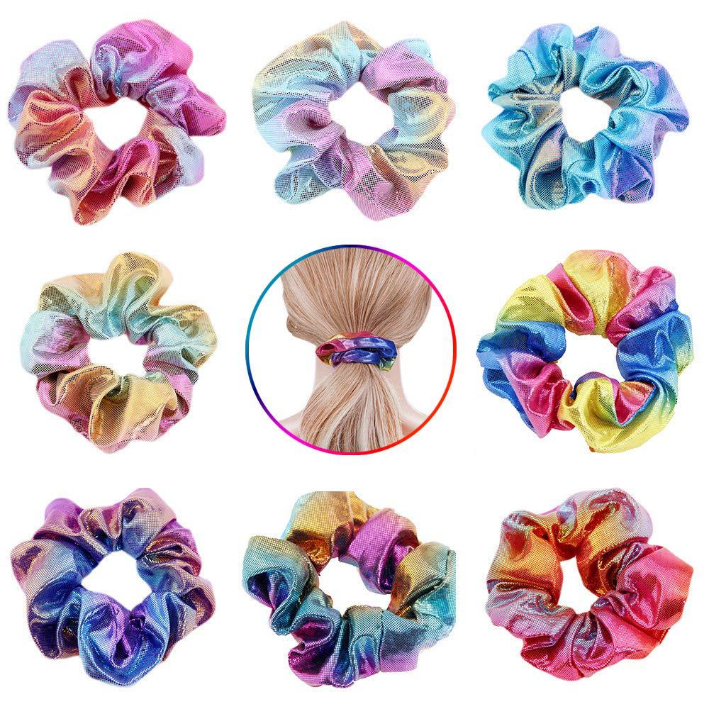 Qiyue Cross-border European and American metal rainbow gradient color fabric hair band Laser gilding two-color large intestine circle headpiece full figure