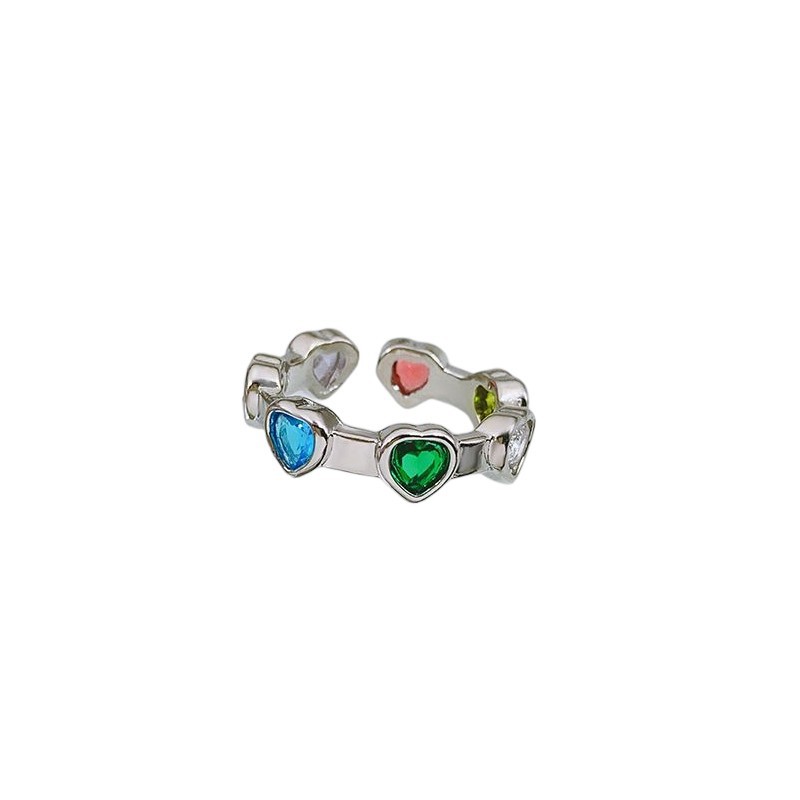 Sweet and cool style fashionable colorful zircon heart-shaped open ring for women, a niche design with a sense of high-end and individuality, an open index finger ring Item Picture
