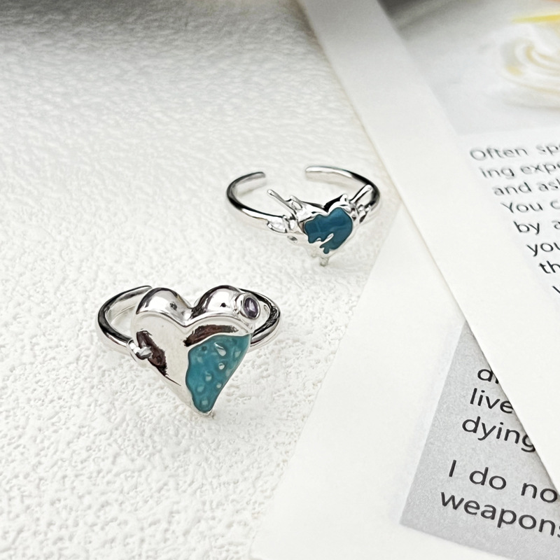 A fresh and light blue irregular heart-shaped glazed open ring for women, with a simple, fashionable, sweet, cool and niche design Specification drawing