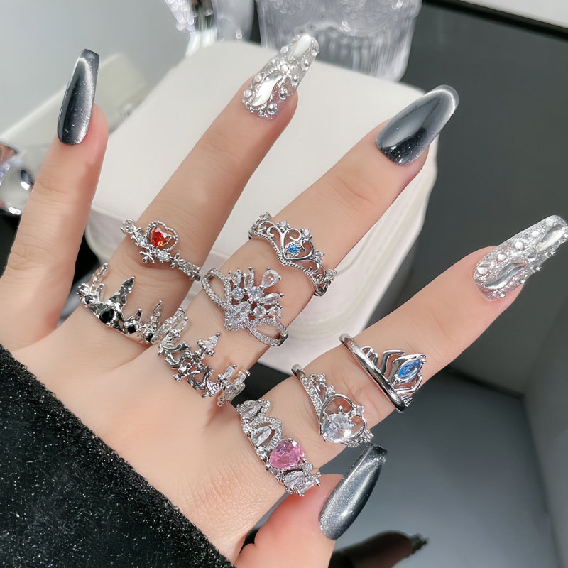French-style exquisite micro-inlaid crown zircon light luxury open ring, a unique design sense for women, versatile and personalized ring full figure
