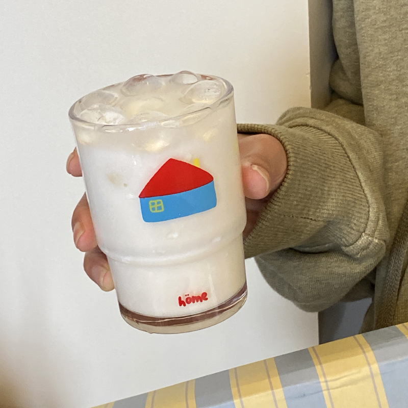 Homemade home glass cup, ins Warm Cartoon Red House water cup, niche Korean stackable cold drink cup 230ml Application Scenario