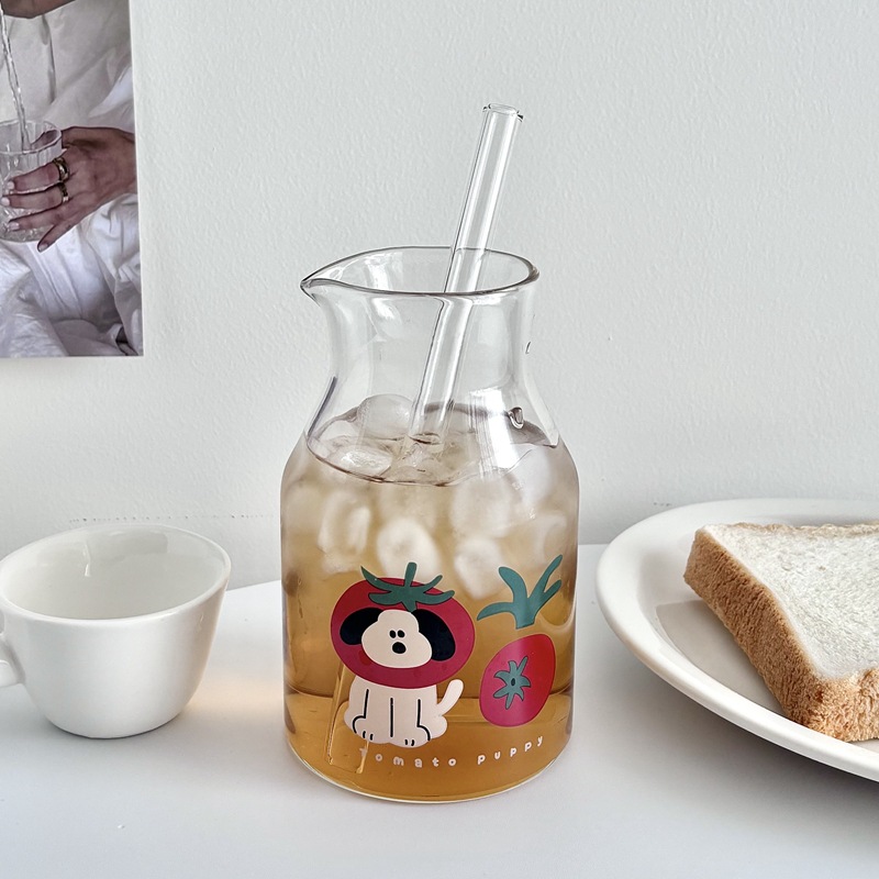 Homemade tomato puppy glass water set, one-person drinking water set, milk cup, glass cup, straw cup, heat-resistant Specification drawing
