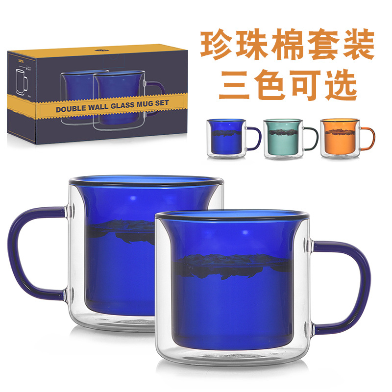 High borosilicate glass water cup with handle, high appearance level, colored cup, high-temperature resistant, double-layer heat-insulating coffee cup full figure