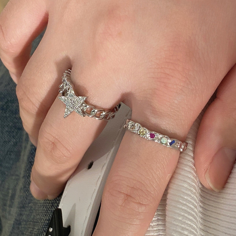 A retro star chain open ring with a niche design for women's ins, exquisite and fashionable, versatile colored diamond zirconia ring Specification drawing