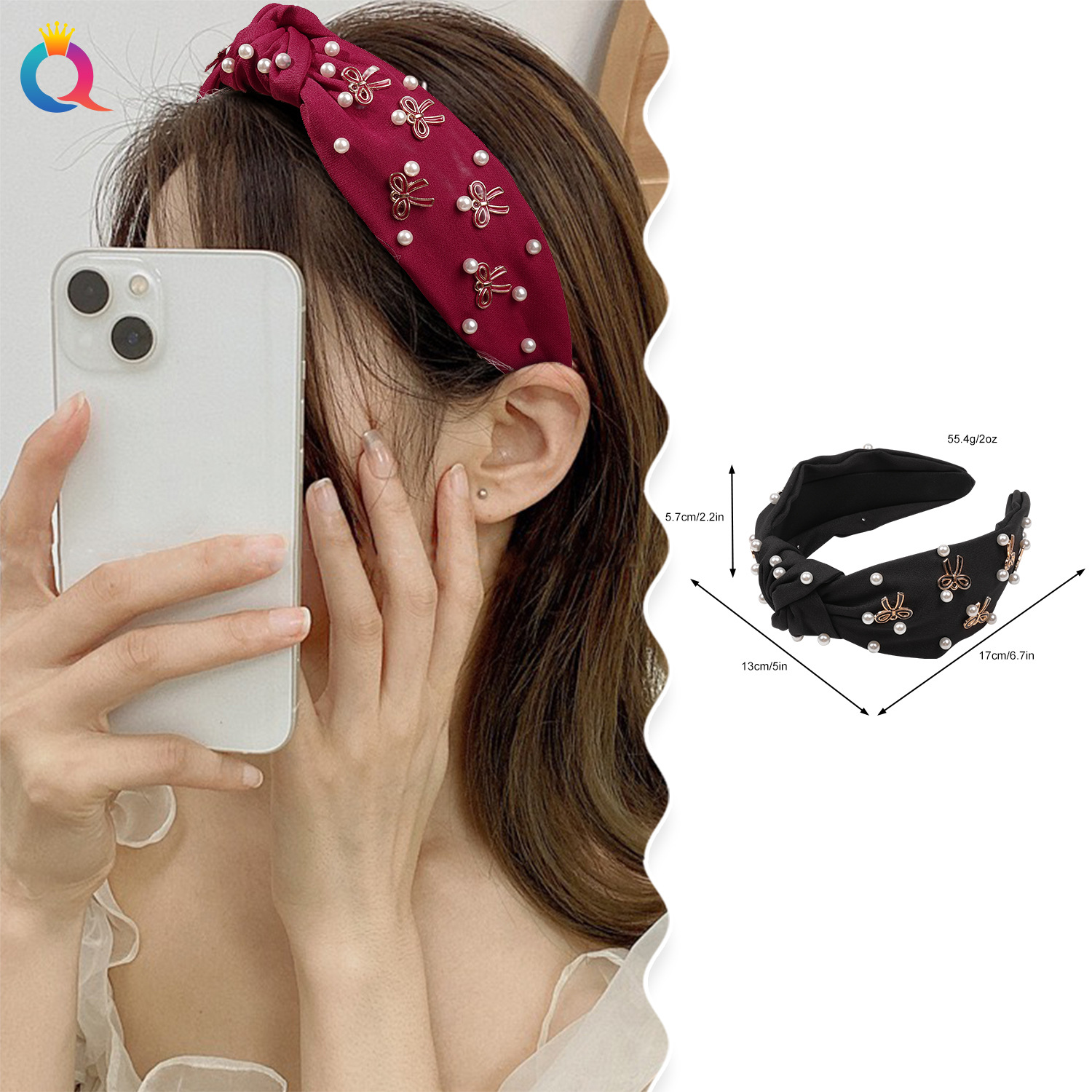 Qiyue Cross-border Nail Bead Oil Drip Bow Hair Band, High cranial top Pressure Hair, Face Hair, Groin Hair, Head Band and hair accessories wholesale details Picture