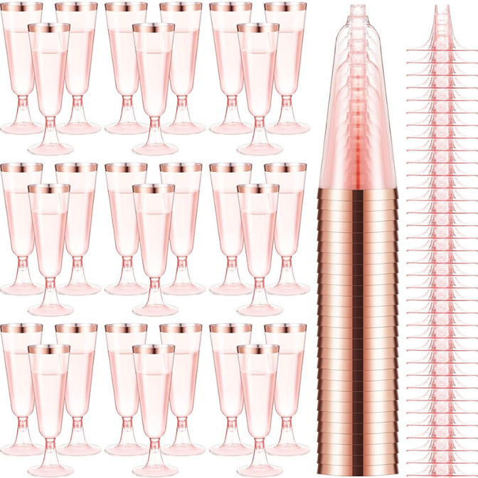 In stock: pink rose gold-rimmed champagne glasses, highball glasses, red wine glasses, cocktail glasses, disposable plastic martini glasses full figure