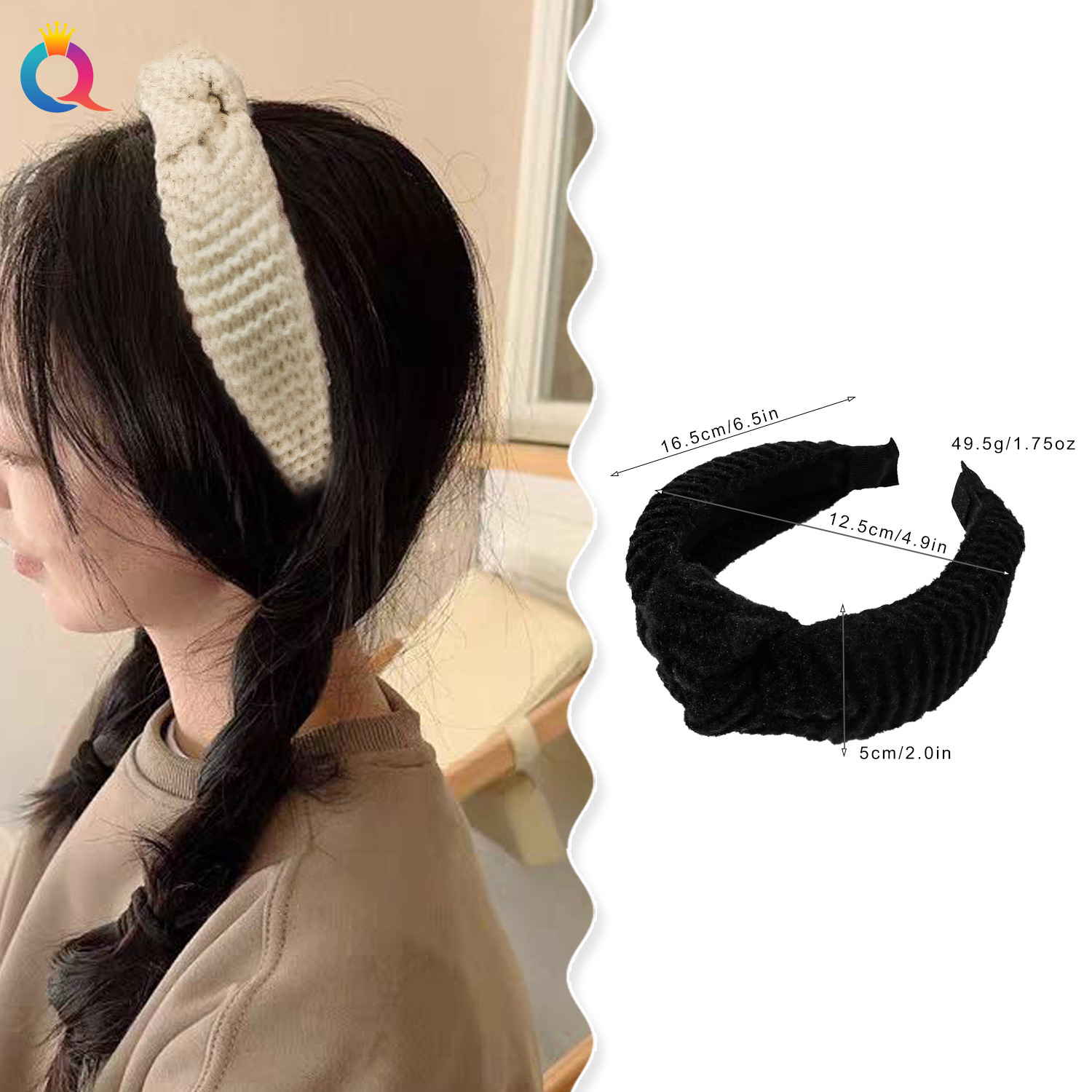 Qiyue Cross-border Autumn and Winter wide-edge woolen hair band, high-end feel, high top of the head, elegant face wash headband, hair hole hair accessory wholesale details Picture