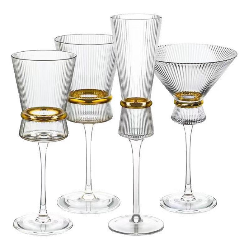 Nordic glass high-footed wine glasses, gold-rimmed red wine glasses, handcrafted champagne glasses, tight-ribbed water glasses, gold-belted chicken-tail glasses Item Picture