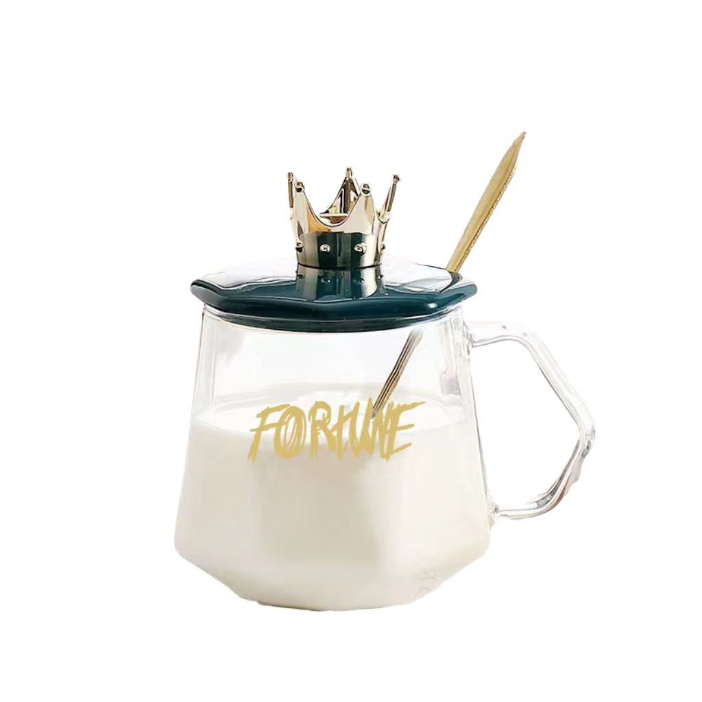 Crown water cup with lid, office glass cup, high appearance level, heat-resistant cup with spoon, girls' handle coffee mug Item Picture