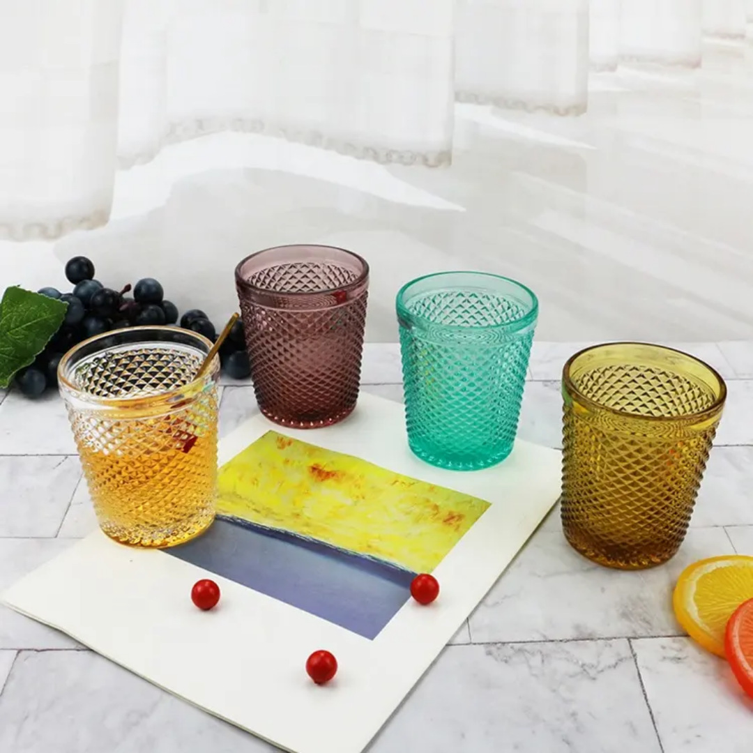 Factory wholesale of embossed colored natural-color glass water cups, toothbrush cups, glass cups, household toiletry cups, and Xipu gift cups Specification drawing
