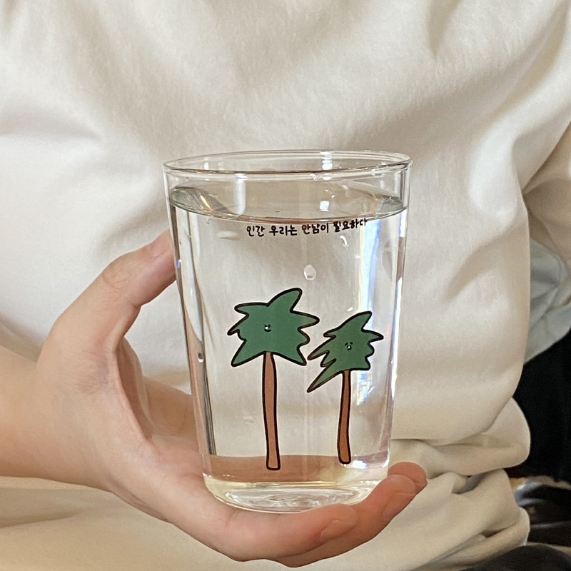 Self-made retro cartoon fun coconut tree glass cup, simple Chinese-style juice cup, cute cold drink cup, double-layered cup full figure