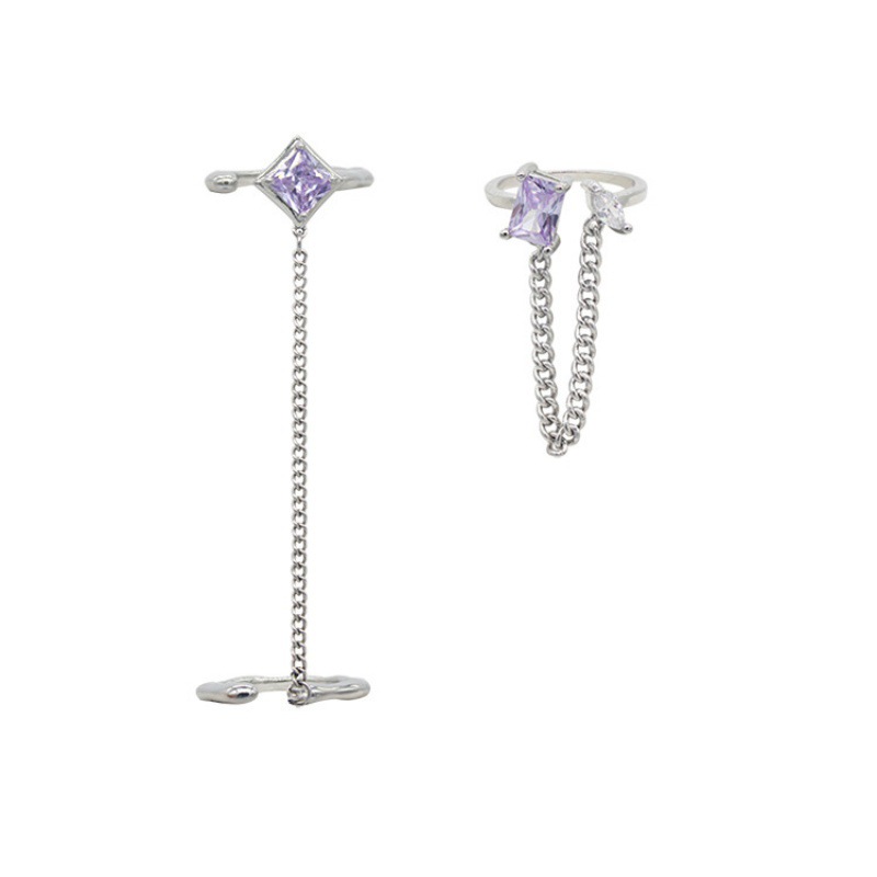 Stacked geometric square zircon sparkling diamond purple chain set open ring for women isn with a niche design sense Item Picture