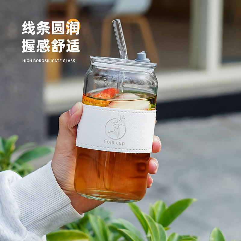 Wholesale cola cups, milk tea cups, household high borosilicate glass cups, high appearance level, popular straws, beverage glass cups Specification drawing