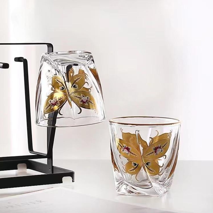 High-end light luxury crystal glass butterfly cup, gilded enamel flower whisky cup, Western-style wine cup, retro cold drink water cup Application Scenario