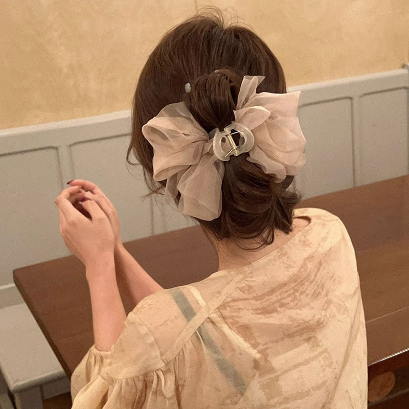 Super fairy mesh double-sided bow clip large hair clip Spring and Summer new style back head updo shark clip headwear full figure