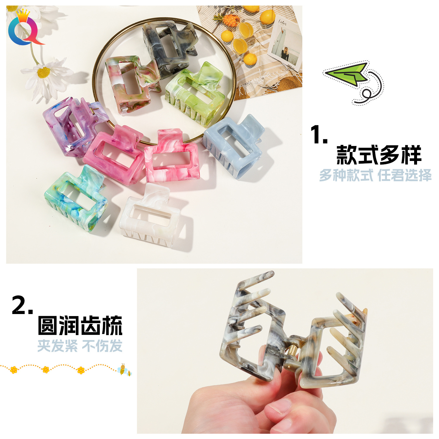 Qiyue European and American cross-border square scratch-off Korean-style hair clips, festival high-end women's shark clip hair accessories at the back of the head Specification drawing