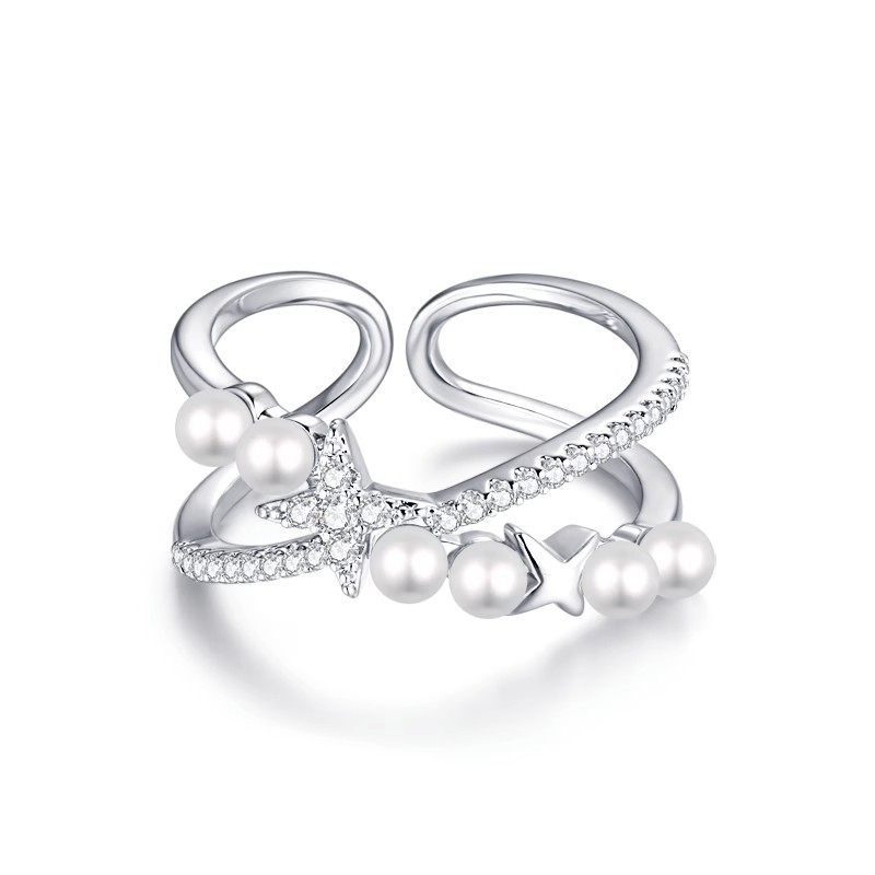 Exquisite diamond four-corner starlight pearl crossed double-layer open ring for women's Instagram personality gentle and elegant food ring Item Picture
