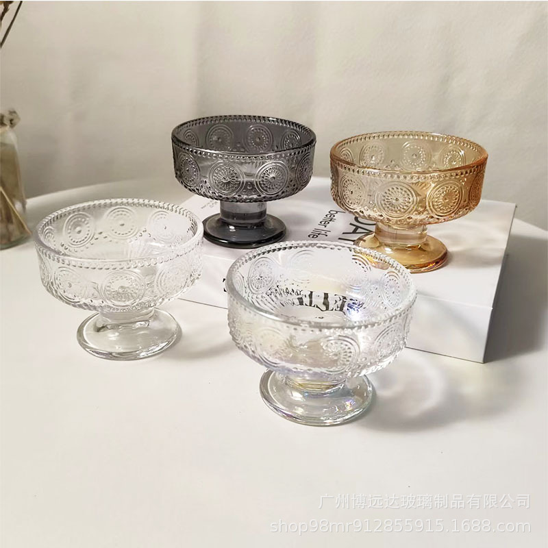 Relief dessert glass bowl, household colorful transparent high-footed bowl, fruit pudding cup, high-appearance-level ice cream cup full figure