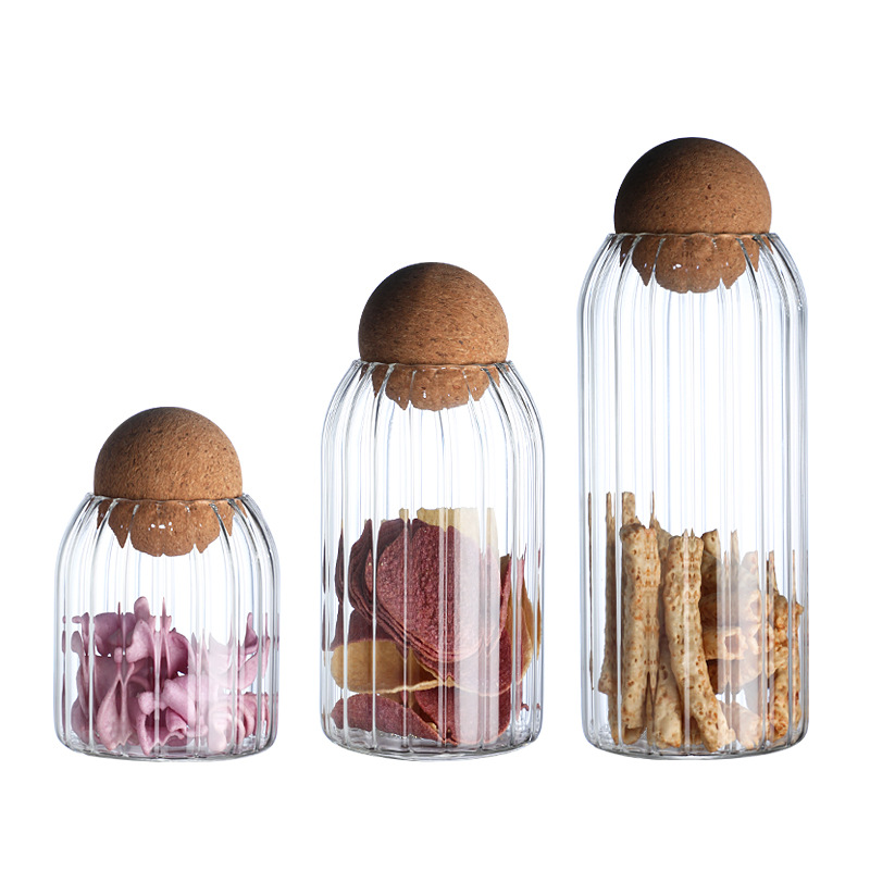Customized cork stopper glass storage jar, matte striped flower tea display bottle, candy jar, coffee bean storage jar Item Picture