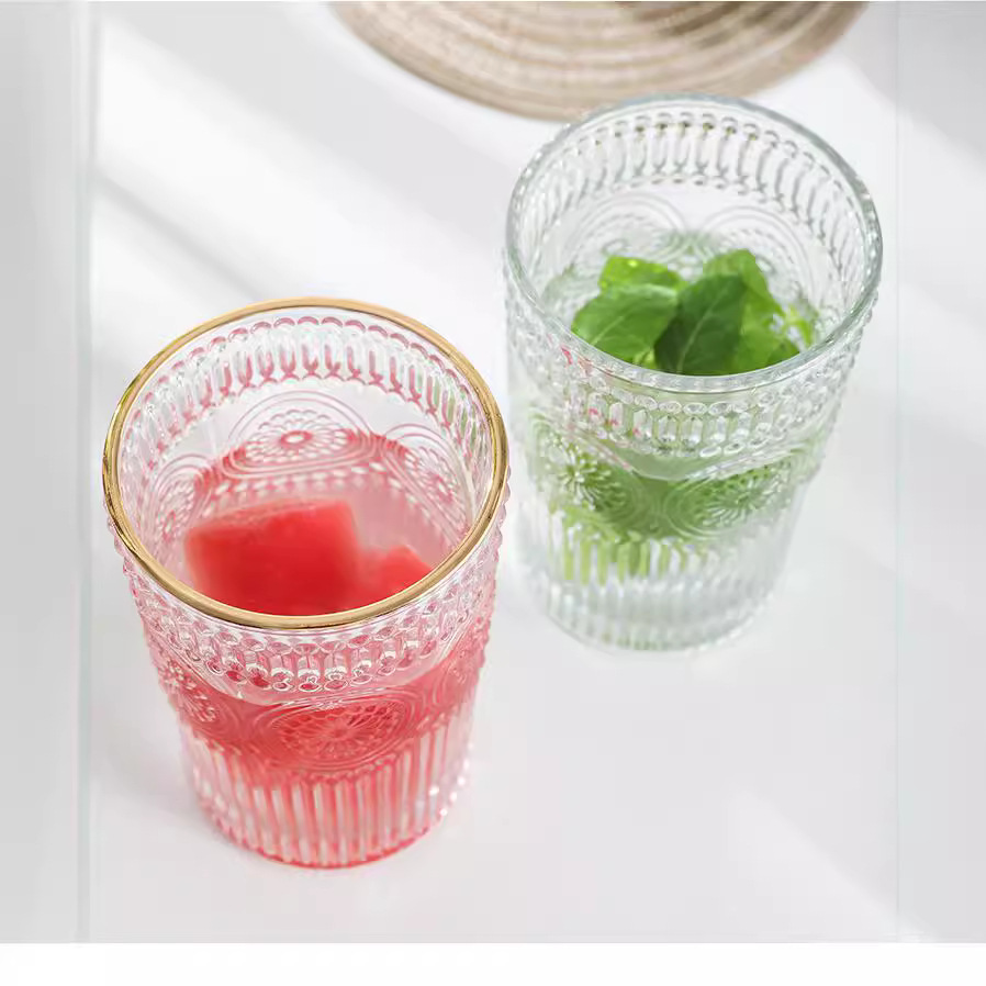 Wholesale vintage embossed water cups, transparent glass cups, sunflower cups, popular household and restaurant milk cups, cocktail cups Specification drawing