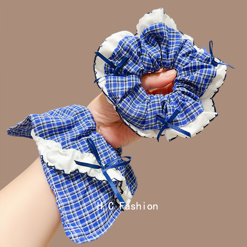 Elegant blue checkered bow tie large intestine hair band, Korean retro hair tie for women, high-end hair tie, hair band and hair accessory Specification drawing
