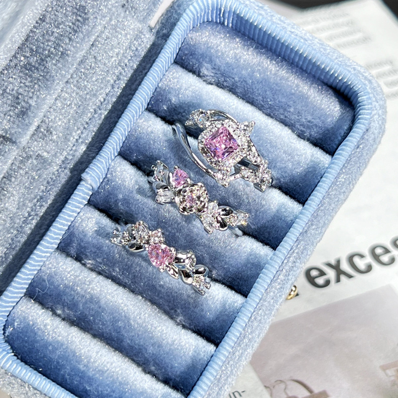 Cross-border heartwarming rose pink diamond sweet and cool open ring for women, delicate, light luxury and high-end feel, geometric versatile best friend ring full figure