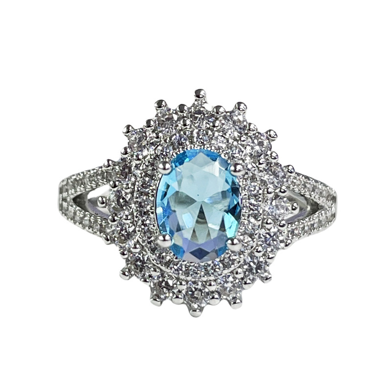 Hot-selling, light luxury, high-end, full diamond, sea blue zircon sunflower ring, elegant and simple, adjustable ring Item Picture
