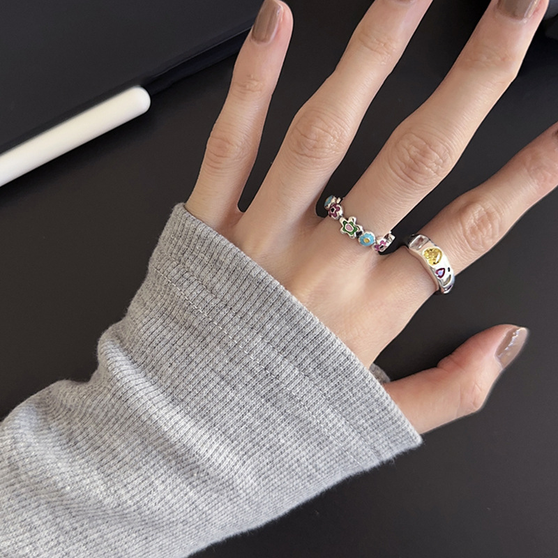 Colorful small flower drop glaze, irregular-shaped heart, colored diamond and zircon ring with adjustable opening, a new trend of Korean 2023 full figure