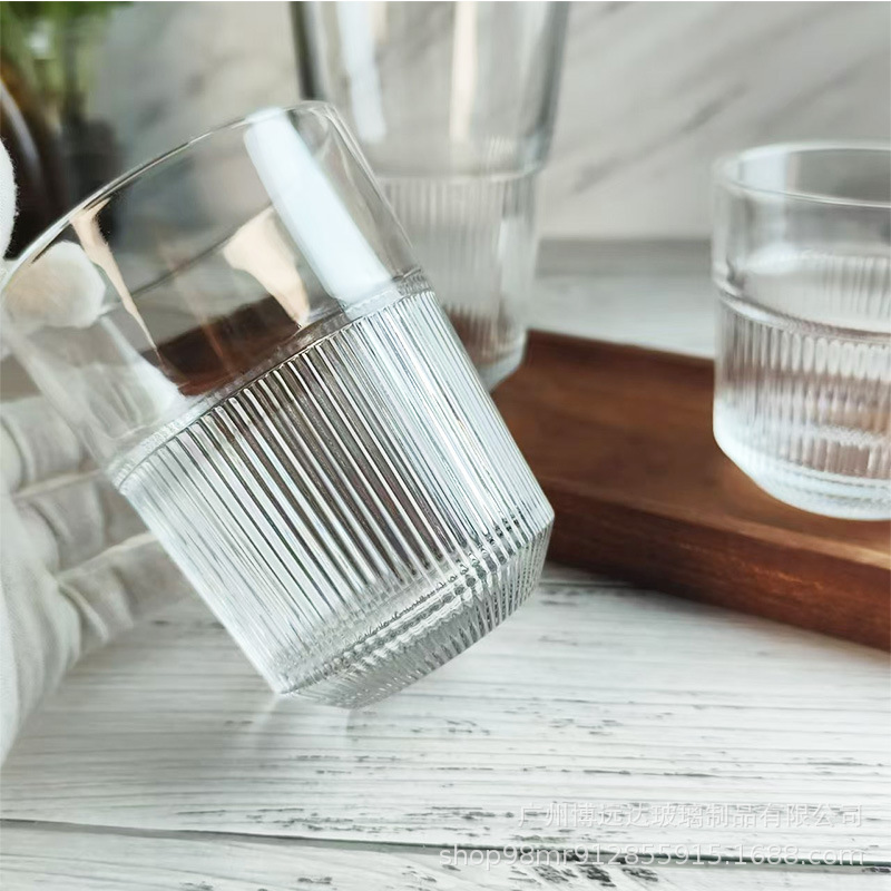 Striped stackable glass water cups, household milk breakfast cups, beverage juice cups, coffee cups, whisky beer cups Specification drawing