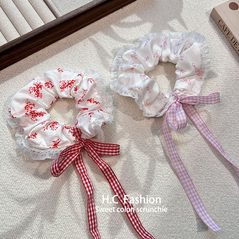 New lace-trimmed large intestine hair band, floral bow, ribbon, school-style hair tie, elegant fairy leather band hair accessory Specification drawing