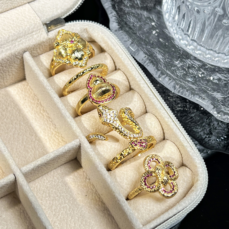 New Chinese-style retro brushed four-leaf clover open ring for women, a new gourd-shaped light luxury and high-end, niche snake-shaped ring Specification drawing