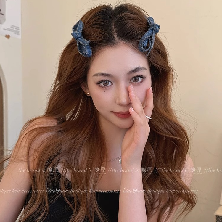 A pair! Retro denim blue bow hairpin headwear 2024 new style high-end girlish bangs small grabber Application Scenario